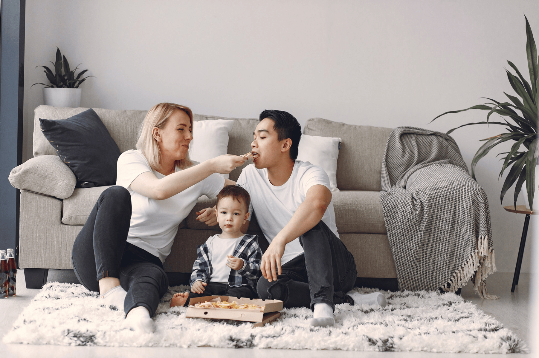 family having a picnic indoors